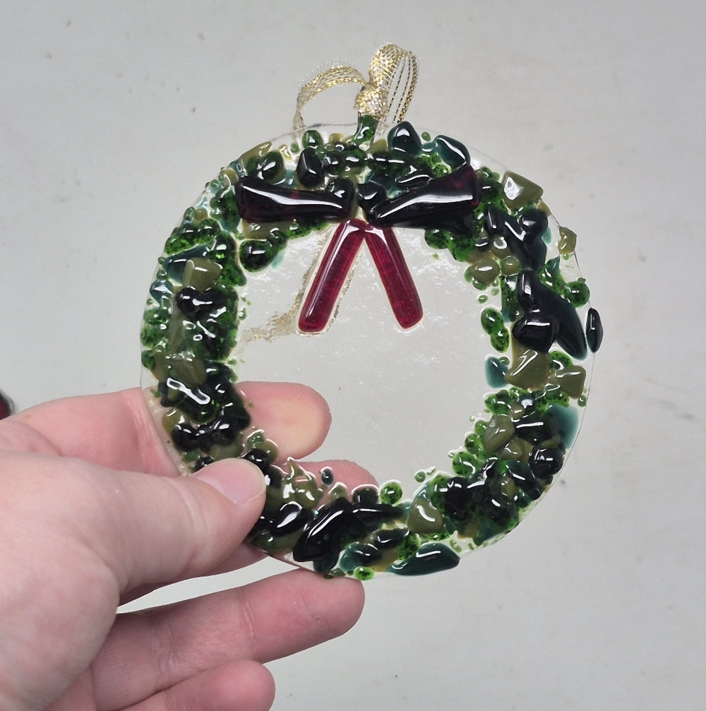 Fused Glass Wreath Ornament With Red Bow